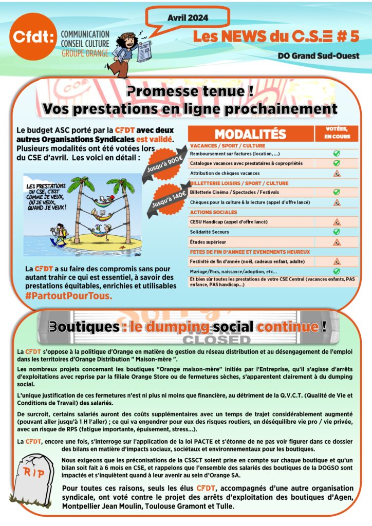 Les NEWS DU CSE #5
Promesse tenue ! Vos prestations en ligne prochainement.

Le budget ASC porté par la CFDT avec deux autres Organisations Syndicales est validé. La plupart des modalités ont été votées lors du CSE d’avril.

Les voici en détail :

Vacances / Sport / Culture

· Remboursement sur factures (location, ...)

· Catalogue vacances avec prestataires & Copropriétés

· Attribution de chèques vacances

  BILLETTERIE LOISIR / SPORT / CULTURE /

· Billetterie Cinéma / Spectacles / Festivals

· Chèques pout la culture & la lecture (appel d'offre lancé)

ACTIONS SOCIALES 

· CESU Handicap (Appel d’offre lancé)

· Solidarité Secours

· Études supérieur

FETES DE FIN D’ANNEE ET EVENEMENTS HEUREUX

· Festivité de fin d’année (noël, cadeaux enfant, adulte)

· Mariage/Pacs, naissance/adoption, etc…

Et bien sûr toutes les prestations de votre CSE Central (vacances enfants, PAS enfance, PAS handicap, rentrée scolaire…)

La CFDT a su faire des compromis sans pour autant trahir ce qui est essentiel, à savoir des prestations équitables, enrichies et utilisables #PartoutPourTous.

 Boutiques : le dumping social continue !

La CFDT s’oppose à la politique d'Orange en matière de gestion du réseau distribution et au désengagement de l'emploi dans les territoires d'Orange Distribution " Maison-mère ". 

Les nombreux projets concernant les boutiques "Orange maison-mère" initiés par l'Entreprise, qu'il s'agisse d'arrêt    d'exploitation avec reprise par la filiale Orange Store ou de fermeture sèche, s’apparentent clairement à du dumping   social.  

L’unique justification de ces fermetures n’est ni plus ni moins que financière, au détriment de la QVCT des salariés. 

De surcroit, certains salariés auront des coûts supplémentaires avec un temps de trajet considérablement augmenté (pouvant aller jusqu’à 1 H l’aller) ; ce qui va engendrer pour eux des risques routiers, un déséquilibre vie pro / vie privée, avec un risque de RPS (fatigue importante, épuisement, stress...). 

La CFDT, encore une fois, s’interroge sur l’application de la loi PACTE et s’étonne de ne pas voir figurer dans ce dossier des bilans en matière d’impacts sociaux, sociétaux et environnementaux pour les boutiques.

Nous exigeons que les préconisations de la CSSCT soit prise en compte sur chaque boutique et qu’un   bilan soit fait à 6 mois en CSE, et rappelons que l’ensemble des salariés des boutiques de la DOGSO sont impactés et s’inquiètent quand à leur avenir au sein d’Orange SA. 

·  100% des managers ont suivi la formation « Détecter et accompagner les situations humaines sensibles »

· 64% des managers ont suivi la formation « Manager les collectifs répartis »

·  110 salariés ont suivi l’atelier « réguler la charge de travail au quotidien » animé par la prévention.

· Des flashs communications sur la charge mentale et sur le droit à la déconnexion ont été envoyés à l’ensemble des salariés de la DE GSO.

Pour toutes ces raisons, seuls les élus CFDT, accompagnés d’une autre organisation syndicale, ont voté contre le projet des arrêts d’exploitation des boutiques d’Agen, Montpellier Jean Moulin, Toulouse Gramont et Tulle.