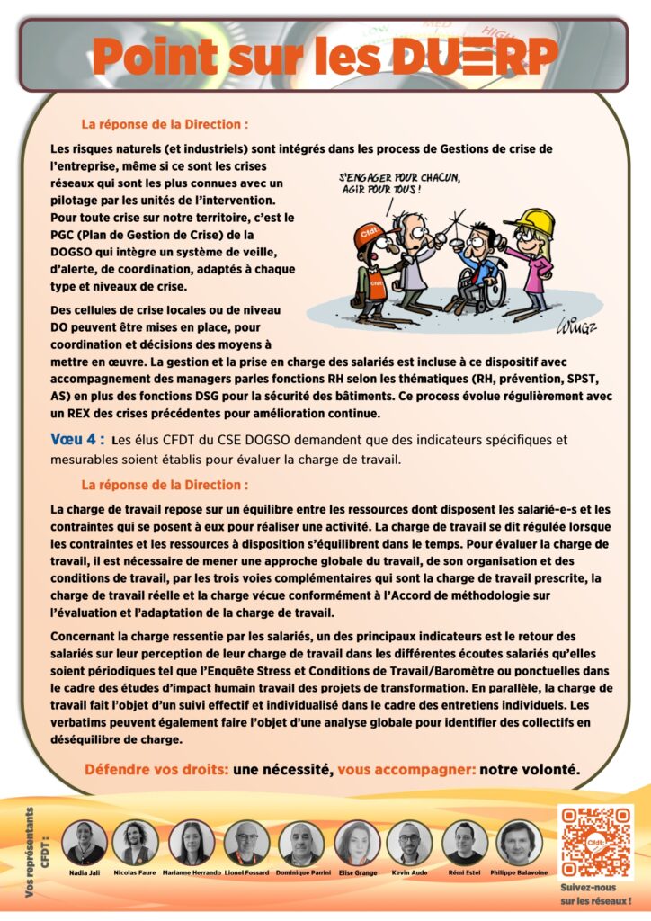 La réponse de la Direction :
Les risques naturels (et industriels) sont intégrés dans les process de Gestions de crise de l’entreprise, même si ce sont les crises réseaux qui sont les plus connues avec un pilotage par les unités de l’intervention. Pour toute crise sur notre territoire, c’est le PGC (Plan de Gestion de Crise) de la DOGSO qui intègre un système de veille, d’alerte, de coordination, adaptés à chaque type et niveaux de crise.
Des cellules de crise locales ou de niveau DO peuvent être mises en place, pour coordination et décisions des moyens à mettre en œuvre. La gestion et la prise en charge des salariés est incluse à ce dispositif avec accompagnement des managers parles fonctions RH selon les thématiques (RH, prévention, SPST, AS) en plus des fonctions DSG pour la sécurité des bâtiments. Ce process évolue régulièrement avec un REX des crises précédentes pour amélioration continue.
Vœu 4 : Les élus CFDT du CSE DOGSO demandent que des indicateurs spécifiques et mesurables soient établis pour évaluer la charge de travail.
La réponse de la Direction :
La charge de travail repose sur un équilibre entre les ressources dont disposent les salarié-e-s et les contraintes qui se posent à eux pour réaliser une activité. La charge de travail se dit régulée lorsque les contraintes et les ressources à disposition s’équilibrent dans le temps. Pour évaluer la charge de travail, il est nécessaire de mener une approche globale du travail, de son organisation et des conditions de travail, par les trois voies complémentaires qui sont la charge de travail prescrite, la charge de travail réelle et la charge vécue conformément à l’Accord de méthodologie sur l’évaluation et l’adaptation de la charge de travail.
Concernant la charge ressentie par les salariés, un des principaux indicateurs est le retour des salariés sur leur perception de leur charge de travail dans les différentes écoutes salariés qu’elles soient périodiques tel que l’Enquête Stress et Conditions de Travail/Baromètre ou ponctuelles dans le cadre des études d’impact humain travail des projets de transformation. En parallèle, la charge de travail fait l’objet d’un suivi effectif et individualisé dans le cadre des entretiens individuels. Les verbatims peuvent également faire l’objet d’une analyse globale pour identifier des collectifs en déséquilibre de charge.
