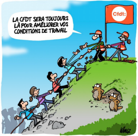 dessin humoristique
salariés encordés pour ascension aidés par des militants CFDT au sommet de la montagne
Slogan: "LA CFDT sera toujours là pour améliorer vos conditions de travail"