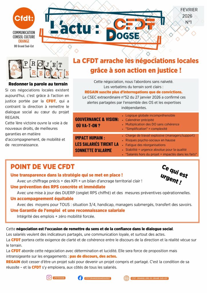 PROJET REGAIN 
La CFDT arrache les négociations locales grâce à son action en justice !
Redonner la parole au terrain